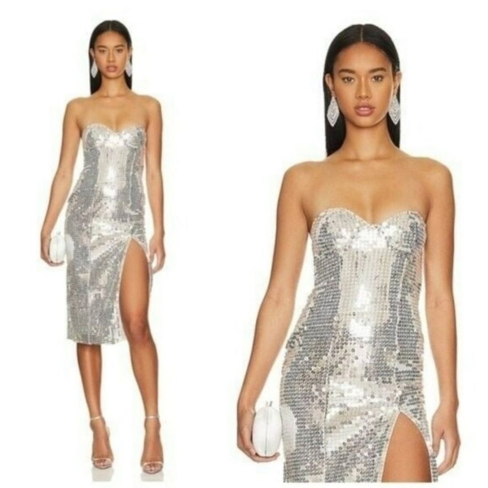 MAJORELLE Strapless Silver Sequin Dress